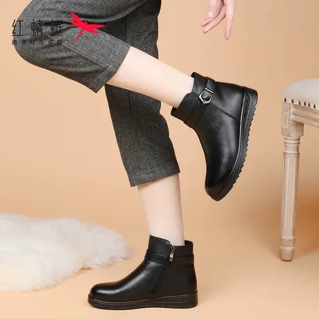 红蜻蜓冬季女鞋靴子女2023新款短靴棉靴真皮加绒保暖妈妈鞋侧拉链商品大图