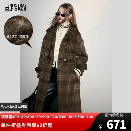 妖精的口袋牛角扣毛呢外套女2023冬季新款格子长款学院风呢大衣图片