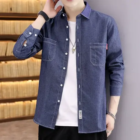 牛仔衬衫男长袖春秋款韩版潮流休闲翻领工装衬衣男士痞帅薄款外套商品大图