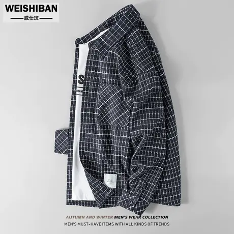 花呢编织格子长袖衬衫男春秋季2023潮流ins休闲外套港风宽松衬衣商品大图