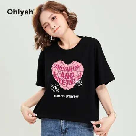 Ohlyah品牌 2023夏季爱心印花短袖t恤男女情侣装潮牌宽松半袖体恤商品大图