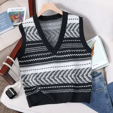 2023年早春新款马甲女复古条纹马夹上衣百搭毛衣宽松外穿针织背心商品大图