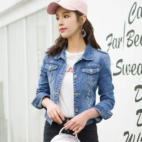 牛仔外套女短款修身韩版新款显瘦学生长袖春秋牛仔服上衣肩章大码商品大图