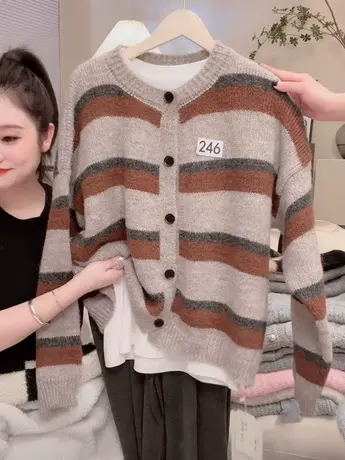 洋气条纹撞色慵懒针织开衫女2023新款韩版宽松软糯温柔毛衣外套潮图片