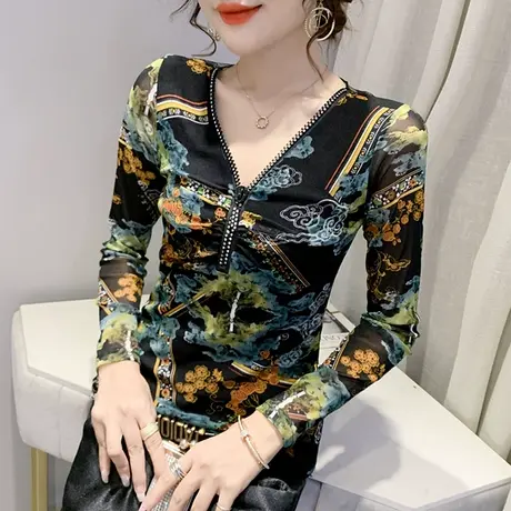 2023春秋新款时尚拉链V领T恤复古印花上衣洋气紧身打底衫女长袖潮商品大图