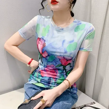 气质减龄印花T恤女短袖性感网纱上衣时尚圆领半袖修身显瘦小衫ins商品大图
