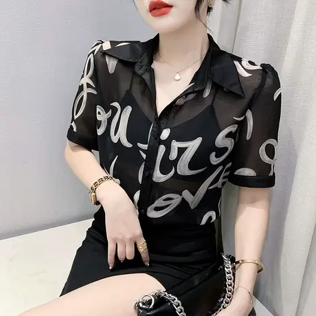 欧货气质网纱衬衫女2023夏装新款设计感印花上衣洋气POLO领小衫潮图片