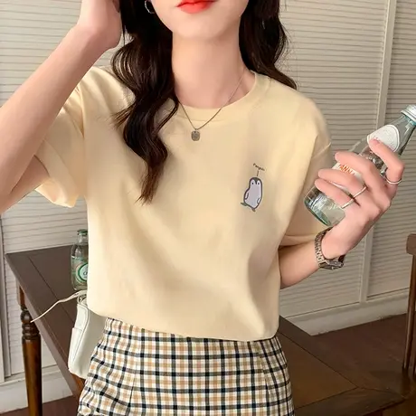 奶黄色短袖t恤女2023年夏季新款半袖设计感小众卡通印花纯棉上衣商品大图