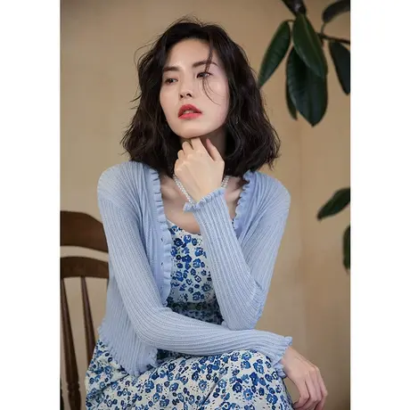 弥古镂空针织衫蓝色防晒薄外套木耳边开衫女夏吊带裙外搭罩衫短款商品大图