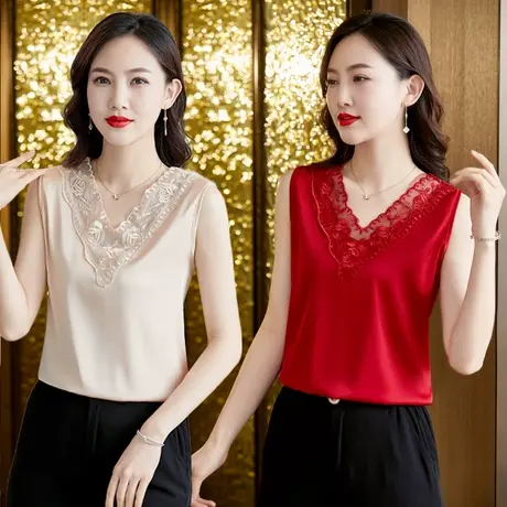 黑色真丝吊带背心女西装内搭V领蕾丝小衫女夏性感外穿潮打底衫商品大图