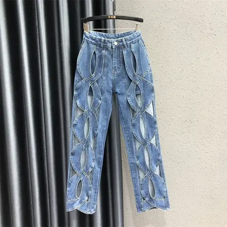 网红时尚美式辣妹牛仔裤女2023秋季新款镂空设计感牛仔直筒裤长裤图片