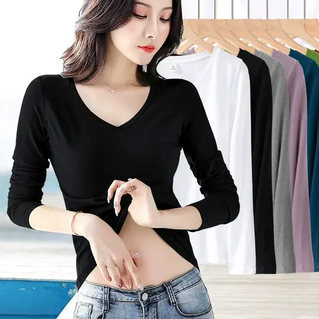 黑色打底衫女2023秋季新款修身v领上衣纯棉显瘦内搭外穿长袖t恤女图片