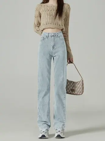 外贸清仓捡漏港风直筒牛仔裤女新款高腰显高显瘦烟管阔腿拖地裤商品大图