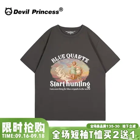 oversize美式街头潮牌深灰色短袖t恤女宽松大版小众设计感上衣夏图片