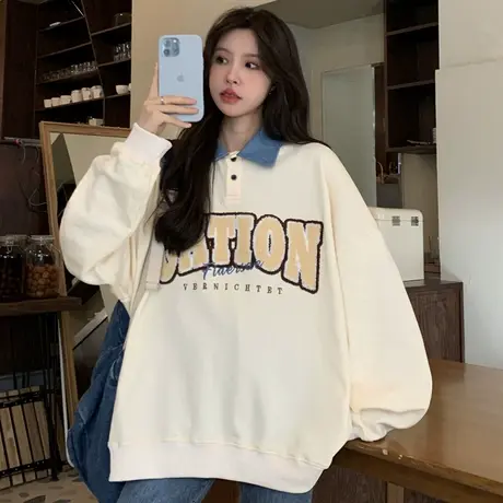 美式高街polo衫卫衣女春秋薄款设计感小众ins宽松慵懒风翻领外套商品大图