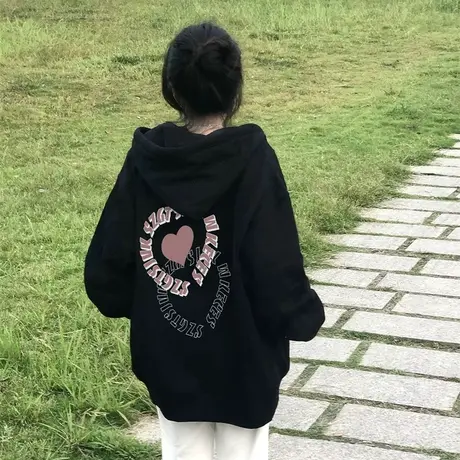 设计感爱心连帽卫衣女秋冬加绒加厚ins潮牌国潮宽松大码开衫外套商品大图