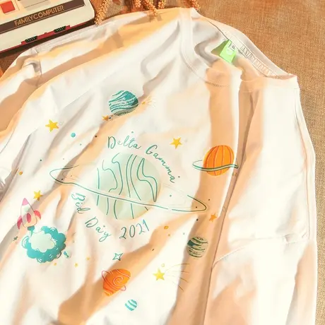 欧美大码短袖t恤女宽松夏装2021新款ins潮bf风创意星球印花上衣商品大图