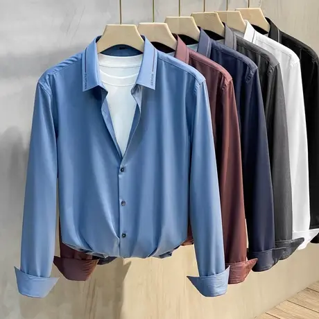 秋冬季轻商务免烫职业修身寸衫蓝色休闲衬衫男士长袖无痕冰丝衬衣商品大图