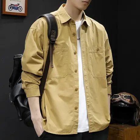 美式复古工装衬衫长袖男衬衣外套男士休闲春秋2023新款秋季衬衫男商品大图