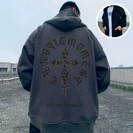 2023新款春秋季宽松加肥加大码连帽拉链开衫卫衣男潮胖子复古外套商品大图