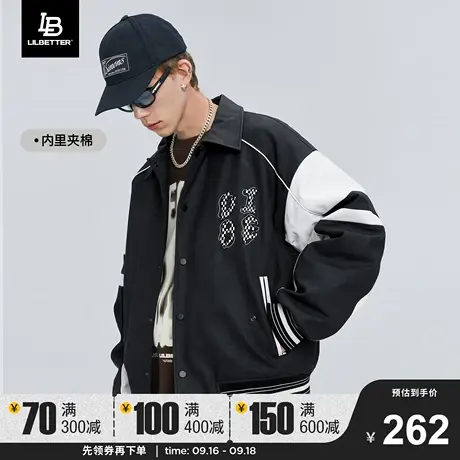 Lilbetter冬季外套男翻领潮棉衣刺绣防风棉服教练夹克PU皮机车服商品大图