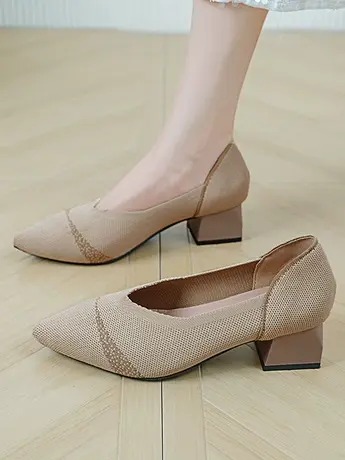 日系浅口针织粗跟单鞋2023年夏季新款气质尖头高跟鞋黑色职业女鞋商品大图