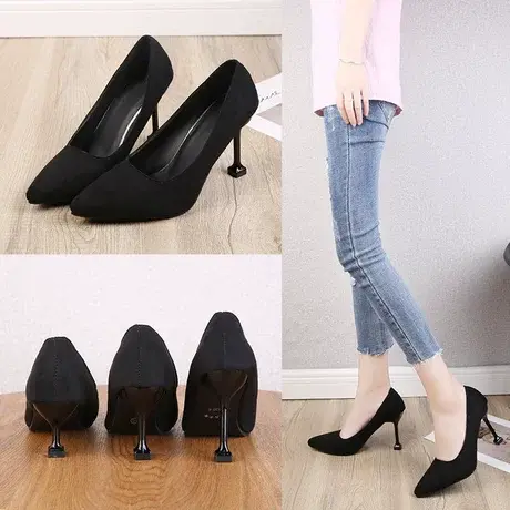 2023春季新款绒面尖头细跟高跟鞋黑色礼仪鞋职业工作鞋猫跟单鞋女商品大图