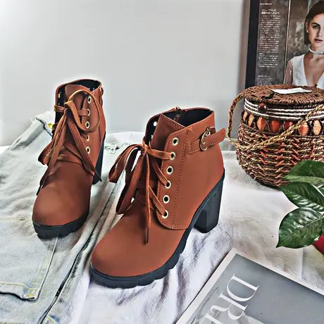 2023春夏季新款英伦高跟马丁靴女粗跟短靴子系带透气单靴短筒皮靴图片