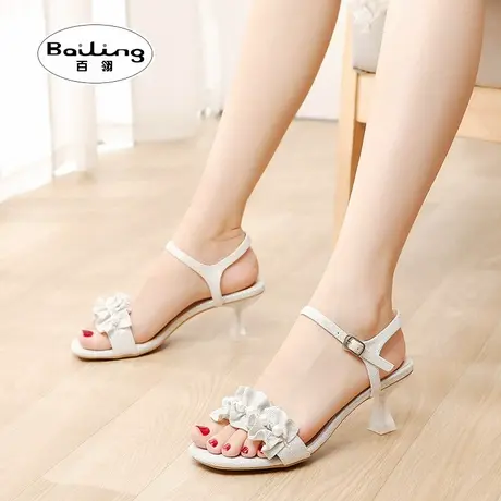 百翎2022夏季新款细跟凉鞋女高跟水钻花边一字带名媛风小码女鞋子商品大图