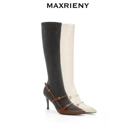 MAXRIENY精致皮鞋高跟弹力桶靴秋冬新款女鞋高级气质感图片
