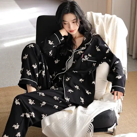 婷美新款纯棉睡衣女春秋季长袖开衫翻领休闲外穿家居服秋冬天套装图片