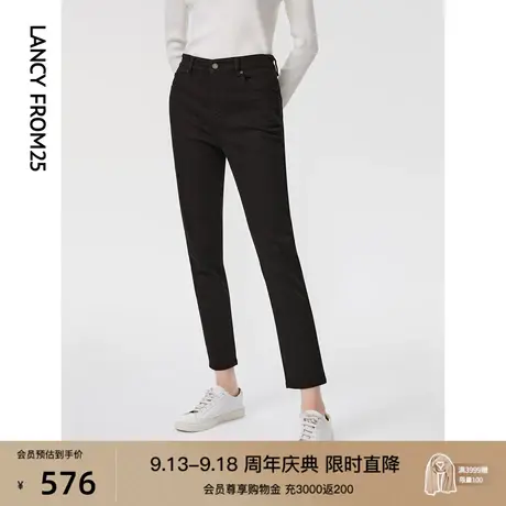 朗姿棉质复古高腰修身显瘦设计感黑色牛仔裤女2023春秋新款铅笔裤图片
