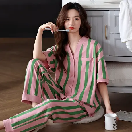 婷美条纹睡衣女士夏季薄款纯棉短袖长裤开衫休闲ins风家居服套装图片