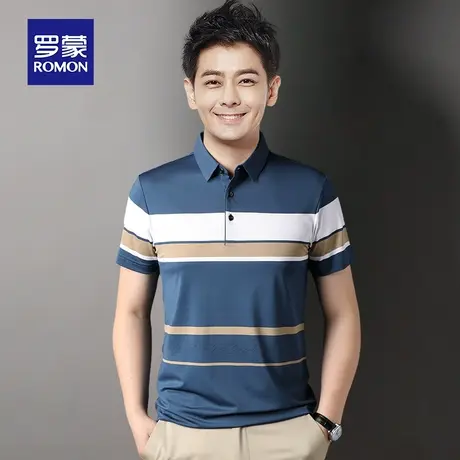 罗蒙男士条纹短袖Polo衫夏季薄款冰丝带翻领T恤商务休闲男装上衣图片