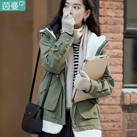 茵曼夹棉毛绒连帽外套女2022冬季新款加厚保暖拉链假两件休闲上衣图片