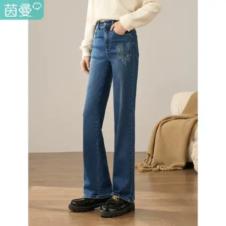 【商场同款】茵曼2023冬女装新款休闲百搭绣花后腰橡筋弹力牛仔裤商品大图
