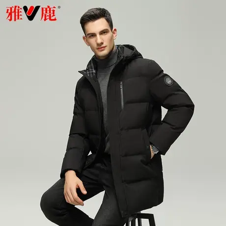 雅鹿官方黑色中长款羽绒服男2023新款冬季商务休闲连帽纯色外套男图片