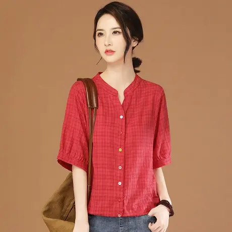韩潮袭人高级感立领格纹短袖女士衬衫2023夏新款设计感小众衬衣薄商品大图