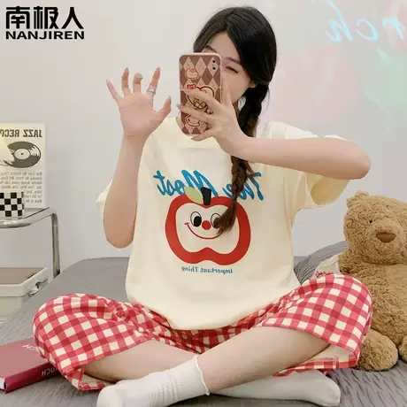 女士睡衣女夏款夏季纯棉短袖七分裤套装春秋款红格家居服夏天女款商品大图