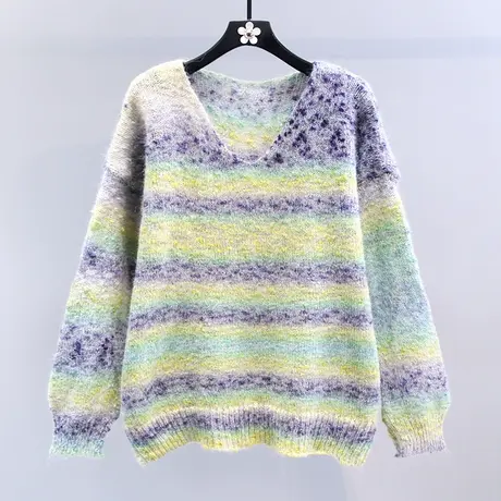 混色扎染彩虹色V领毛衣女秋冬2023新款宽松慵懒风减龄长袖针织衫图片