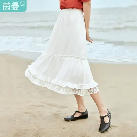 茵曼a字半身裙女士荷叶边薄荷绿2023年夏季新款蕾丝温柔中长裙子图片