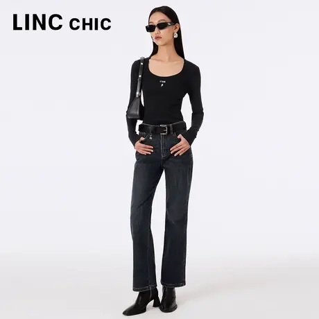 LINCCHIC金羽杰直筒牛仔裤女2023年秋季新款灰蓝色高腰宽松长裤商品大图