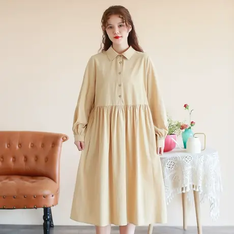 胖妹妹秋季新品文艺复古棉质长袖连衣裙 大码学院风减龄显瘦长裙商品大图
