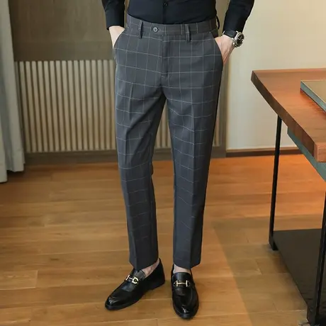 西裤男士春秋款商务正装修身韩版潮流高级感九分休闲格子西装长裤图片