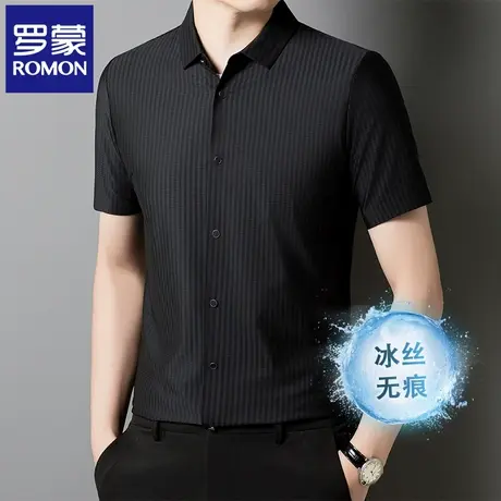 罗蒙休闲高端男士条纹短袖衬衣夏季薄款冰丝中年翻领半袖衬衫N2Z图片