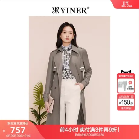 YINER音儿女装2023春季新款复古英伦双排扣中长款风衣图片
