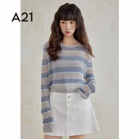 A21女装两件套套头长袖线衫春秋季破洞条纹长袖T恤商品大图