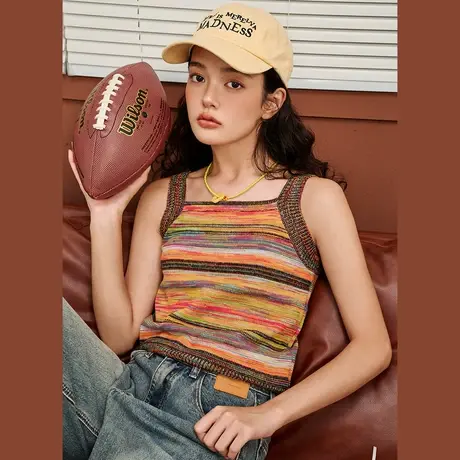 a02复古彩色条纹针织吊带背心2025春季个性设计感无袖女式针织衫商品大图