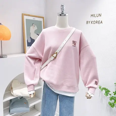 ins小熊假两件上衣2023早春新款韩版甜美假两件卫衣慵懒风宽松女图片