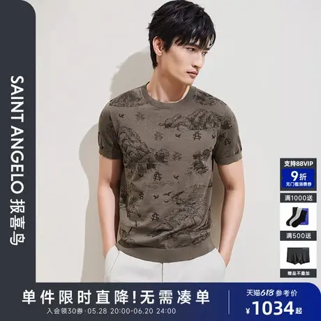 【蚕丝棉】报喜鸟春季新款男士时尚休闲针织T恤衫打底上衣灰褐色商品大图